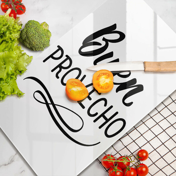 Skärbräda i glas Inskriptionen Buen provecho