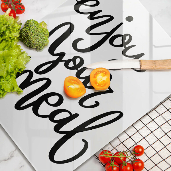 Skärbräda i glas Inskriptionen Njut av din måltid