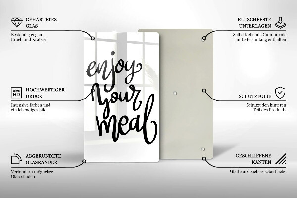 Skärbräda i glas Inskriptionen Njut av din måltid
