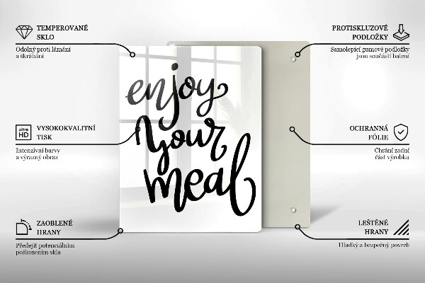 Skärbräda i glas Inskriptionen Njut av din måltid