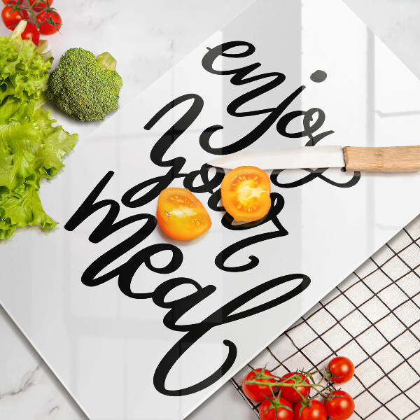 Skärbräda i glas Inskriptionen Njut av din måltid