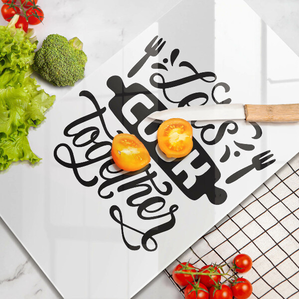 Skärbräda i glas Inskriptionen Låt oss laga mat tillsammans