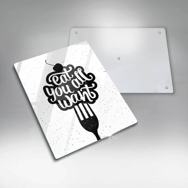 Skärbräda i glas Inskriptionen Ät alla vill ha