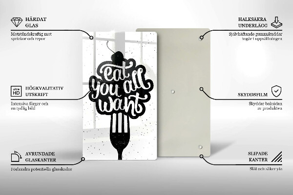 Skärbräda i glas Inskriptionen Ät alla vill ha