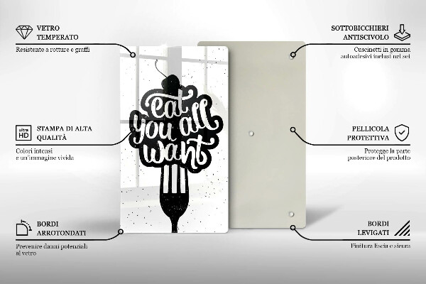 Skärbräda i glas Inskriptionen Ät alla vill ha