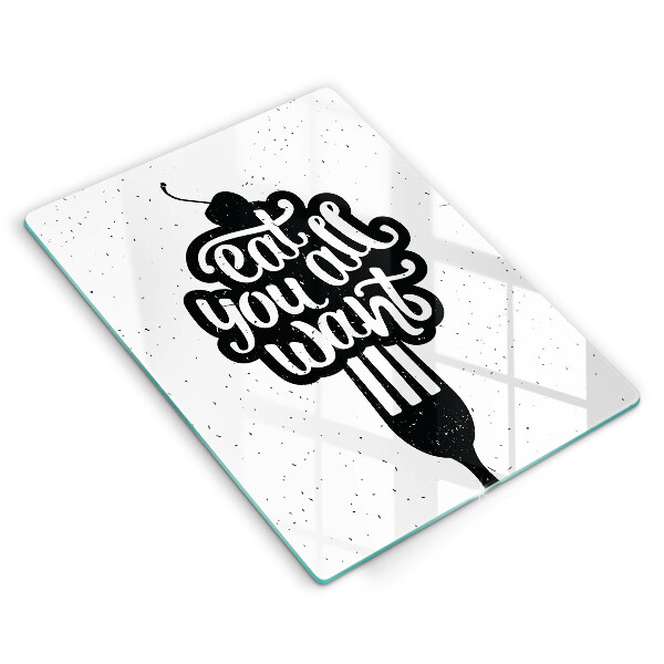 Skärbräda i glas Inskriptionen Ät alla vill ha