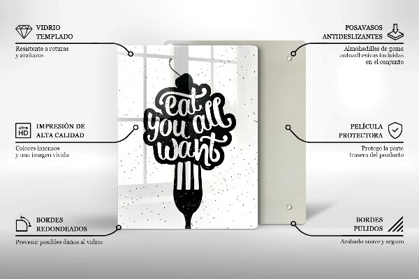 Skärbräda i glas Inskriptionen Ät alla vill ha