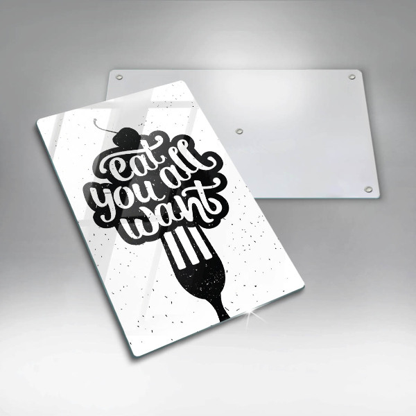 Skärbräda i glas Inskriptionen Ät alla vill ha