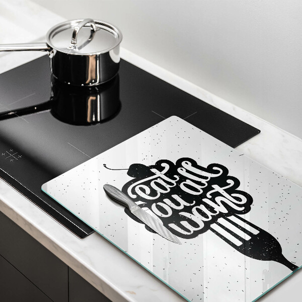 Skärbräda i glas Inskriptionen Ät alla vill ha