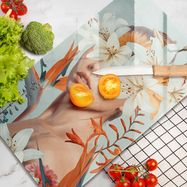 Skärbräda i glas Kvinna i blommor