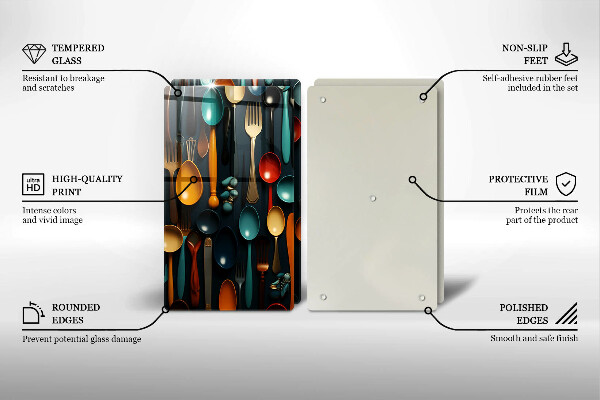 Skärbräda glas Färgglada skedar och gafflar