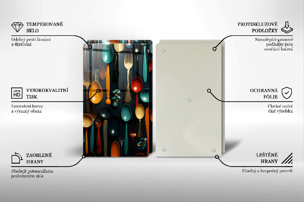 Skärbräda glas Färgglada skedar och gafflar