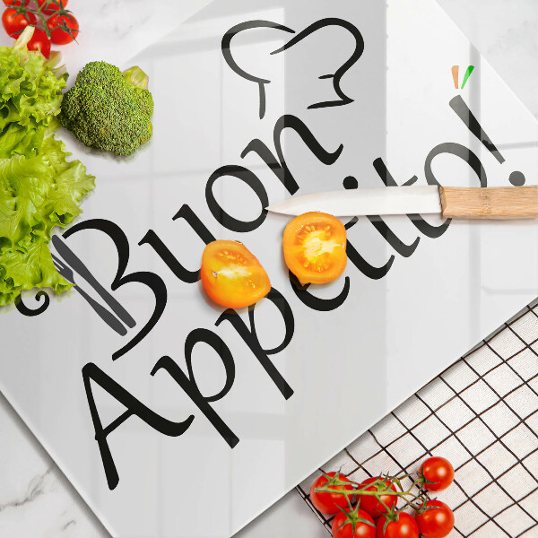 Skärbräda i härdat glas Inskriptionen Buon Appetito!