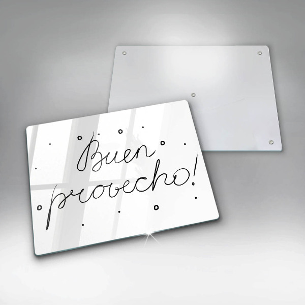 Skärbräda i härdat glas Inskriptionen Buen provecho!