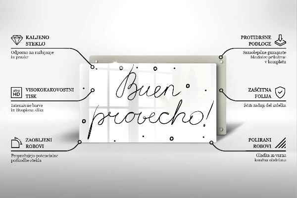 Skärbräda i härdat glas Inskriptionen Buen provecho!