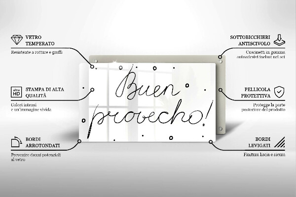 Skärbräda i härdat glas Inskriptionen Buen provecho!