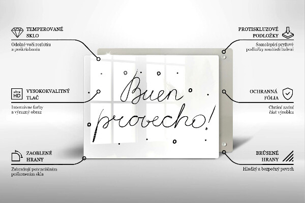 Skärbräda i härdat glas Inskriptionen Buen provecho!