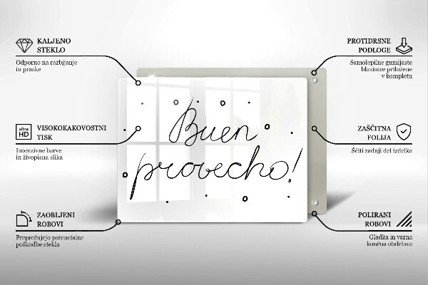 Skärbräda i härdat glas Inskriptionen Buen provecho!