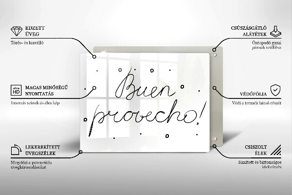 Skärbräda i härdat glas Inskriptionen Buen provecho!