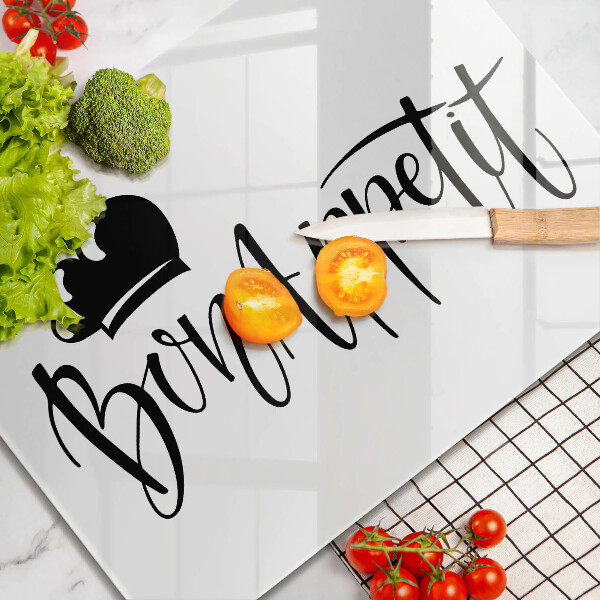 Skärbräda i härdat glas Inskriptionen Bon Appetit