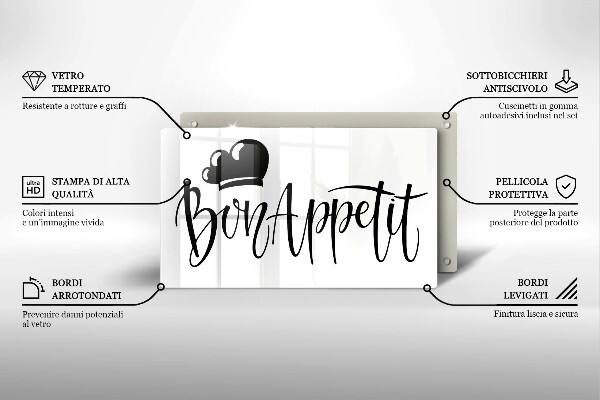 Skärbräda i härdat glas Inskriptionen Bon Appetit