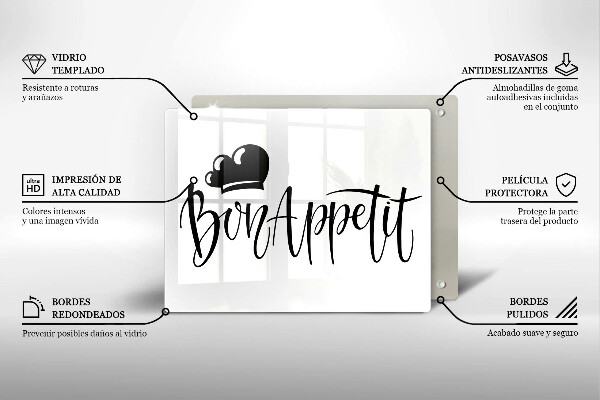 Skärbräda i härdat glas Inskriptionen Bon Appetit