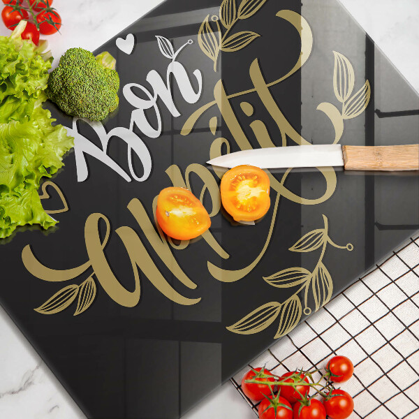 Skärbräda i härdat glas Inskriptionen Bon Appetit