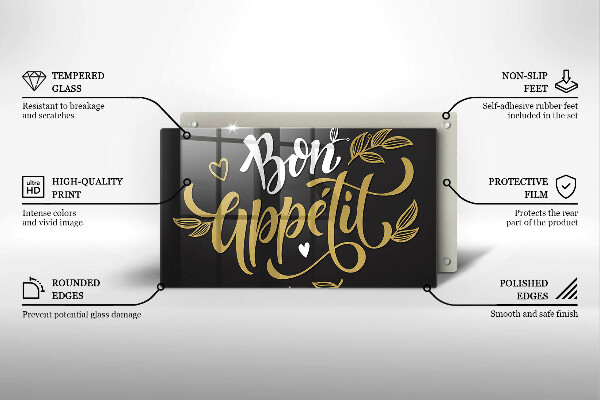 Skärbräda i härdat glas Inskriptionen Bon Appetit