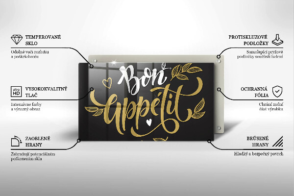 Skärbräda i härdat glas Inskriptionen Bon Appetit