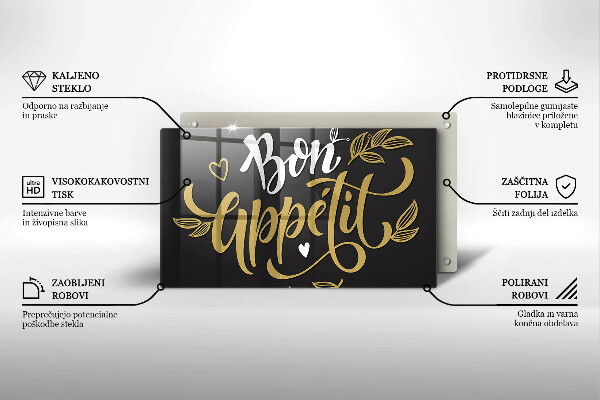 Skärbräda i härdat glas Inskriptionen Bon Appetit