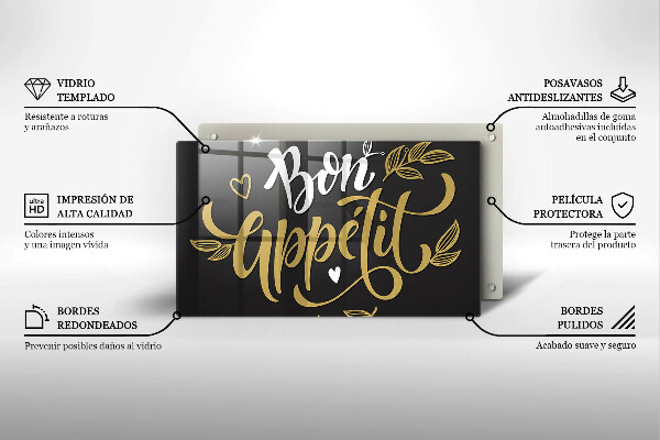 Skärbräda i härdat glas Inskriptionen Bon Appetit