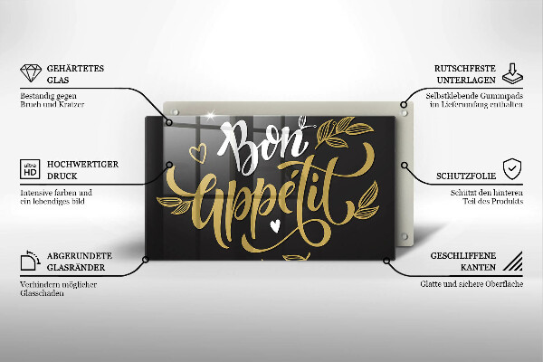 Skärbräda i härdat glas Inskriptionen Bon Appetit