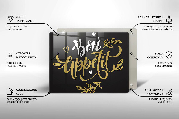Skärbräda i härdat glas Inskriptionen Bon Appetit