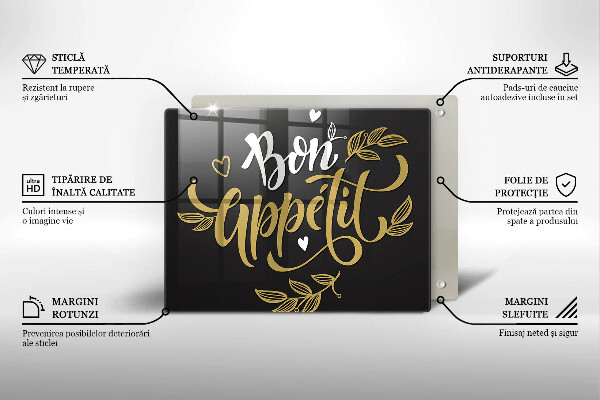 Skärbräda i härdat glas Inskriptionen Bon Appetit