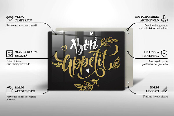 Skärbräda i härdat glas Inskriptionen Bon Appetit