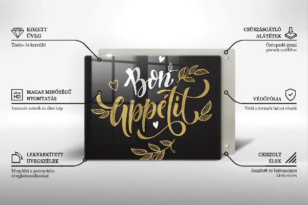 Skärbräda i härdat glas Inskriptionen Bon Appetit
