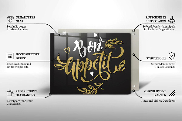 Skärbräda i härdat glas Inskriptionen Bon Appetit
