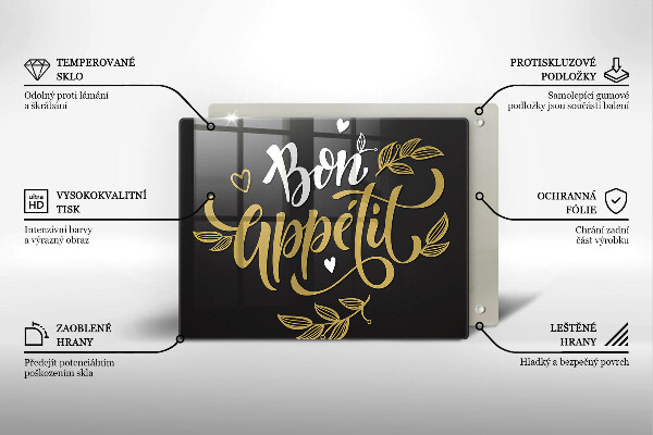 Skärbräda i härdat glas Inskriptionen Bon Appetit