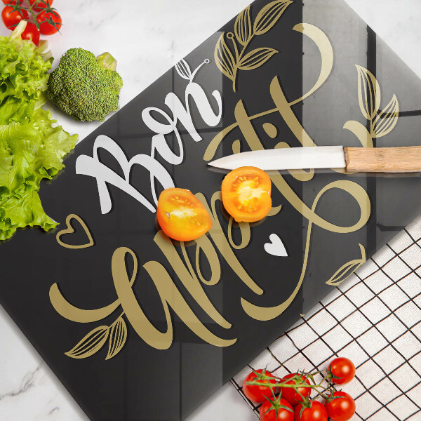 Skärbräda i härdat glas Inskriptionen Bon Appetit