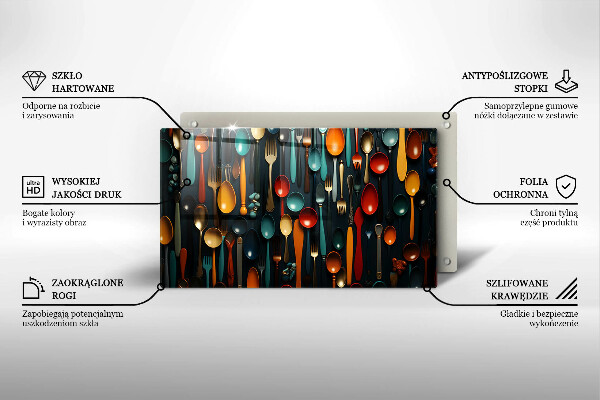 Skärbräda i härdat glas Färgglada skedar och gafflar