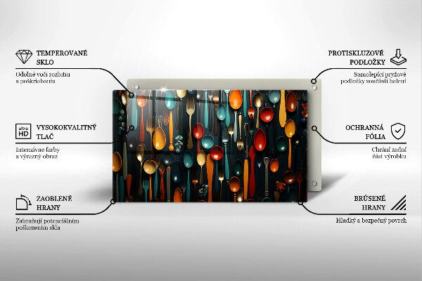 Skärbräda i härdat glas Färgglada skedar och gafflar