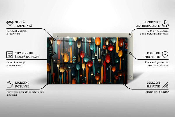 Skärbräda i härdat glas Färgglada skedar och gafflar