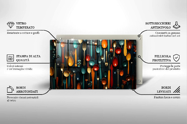 Skärbräda i härdat glas Färgglada skedar och gafflar