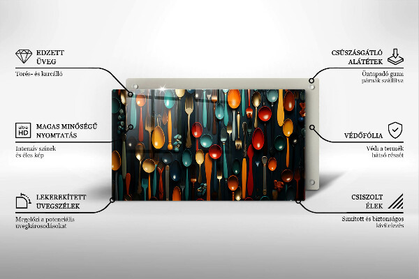 Skärbräda i härdat glas Färgglada skedar och gafflar