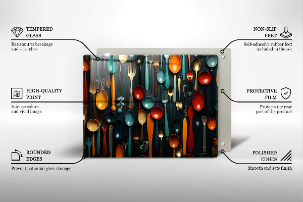 Skärbräda i härdat glas Färgglada skedar och gafflar
