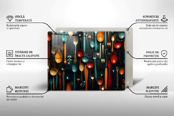Skärbräda i härdat glas Färgglada skedar och gafflar