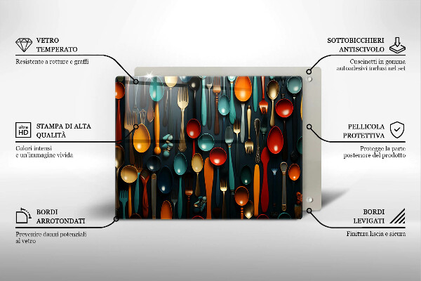 Skärbräda i härdat glas Färgglada skedar och gafflar