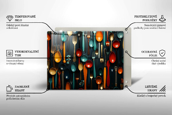 Skärbräda i härdat glas Färgglada skedar och gafflar