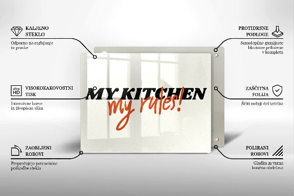 Skärbräda i härdat glas Inskriptionen Mitt kök mina regler