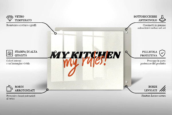 Skärbräda i härdat glas Inskriptionen Mitt kök mina regler